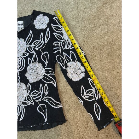 Vintage Leslie Fay Black Beaded Silk Sequin White Floral Formal Top NWT - Picture 14 of 15